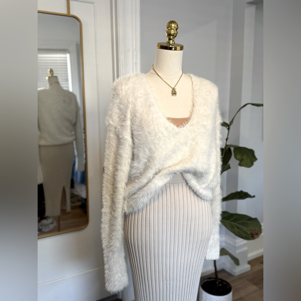 Free People Fuzzy Cream V-Neck Sweater